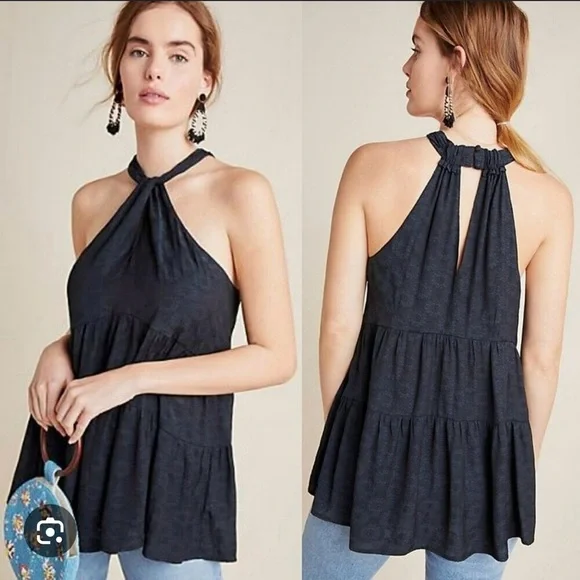 Anthropologie Lavinia Halter Swing Tank Floral Tiered Blouse Black Size XL - Picture 1 of 9